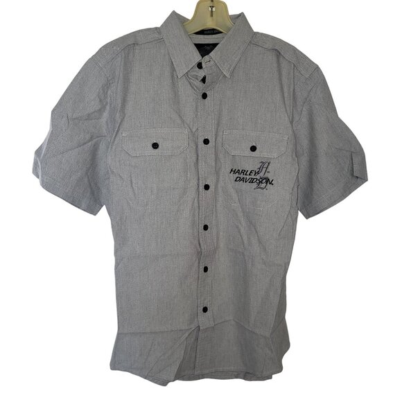 Harley-Davidson Gray Short-Sleeve Button-Up Shirt M 100% Cotton With Embroidered - Picture 3 of 6